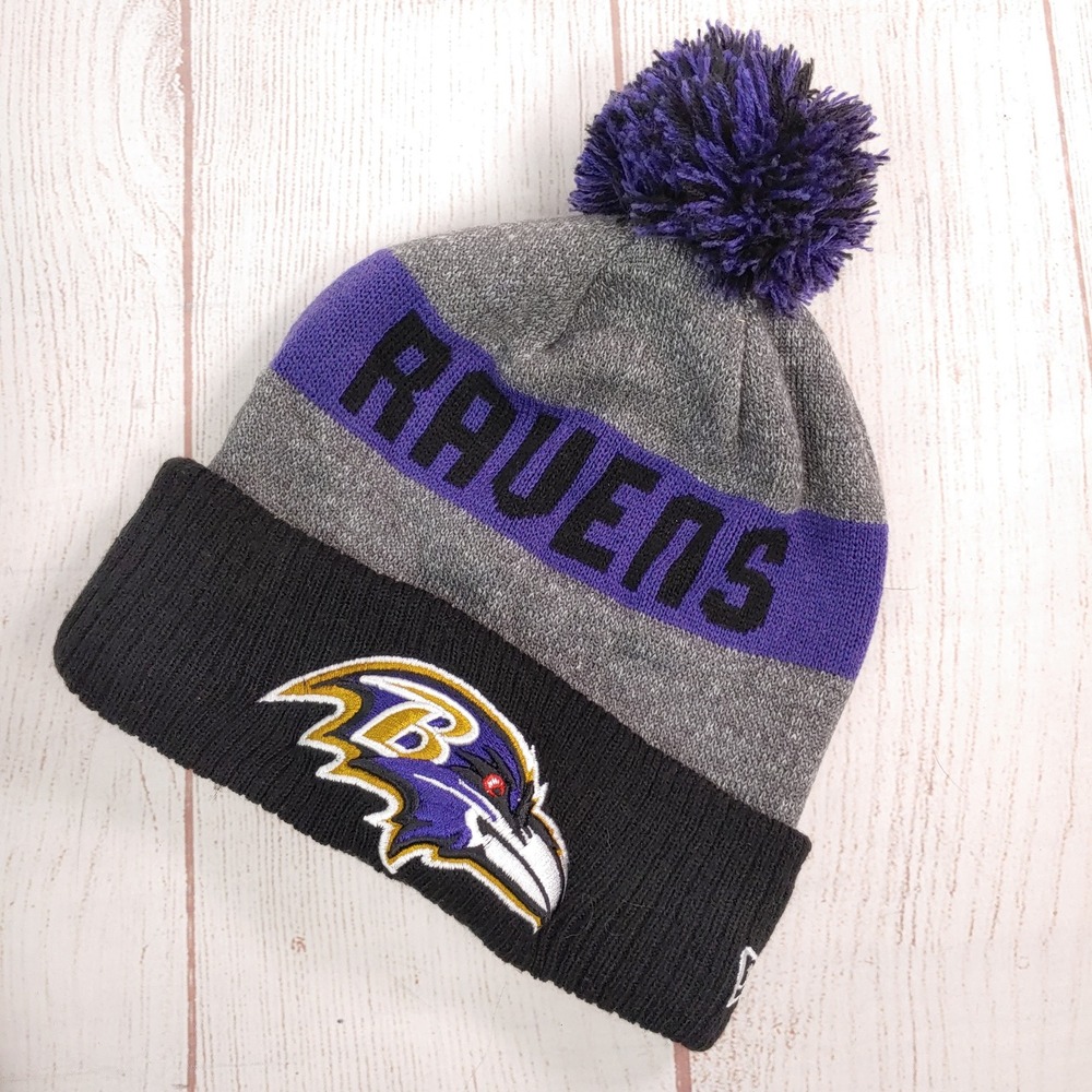 New Era Baltimore Ravens Beanie - Mens OSFM Gray Purple Black Pom Pom Knit Hat